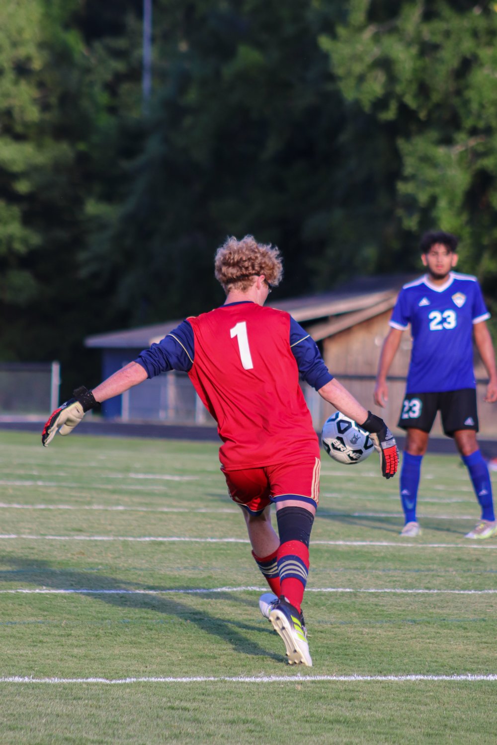 Northwood goalkeeper Jay Callis (1) punts the ball in his team's 4-1 loss to Jordan-Matthews last Thursday in Siler City. Callis made 10 saves on the night for the Chargers.